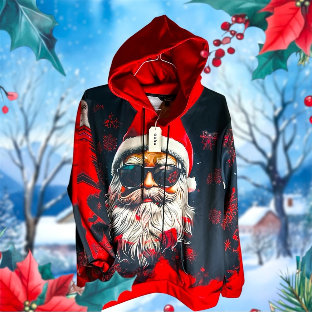 Ouku.NWT Sz 2XL Santa Heavyweight Microfiber sweatshirt Red Black Hooded.Snow.